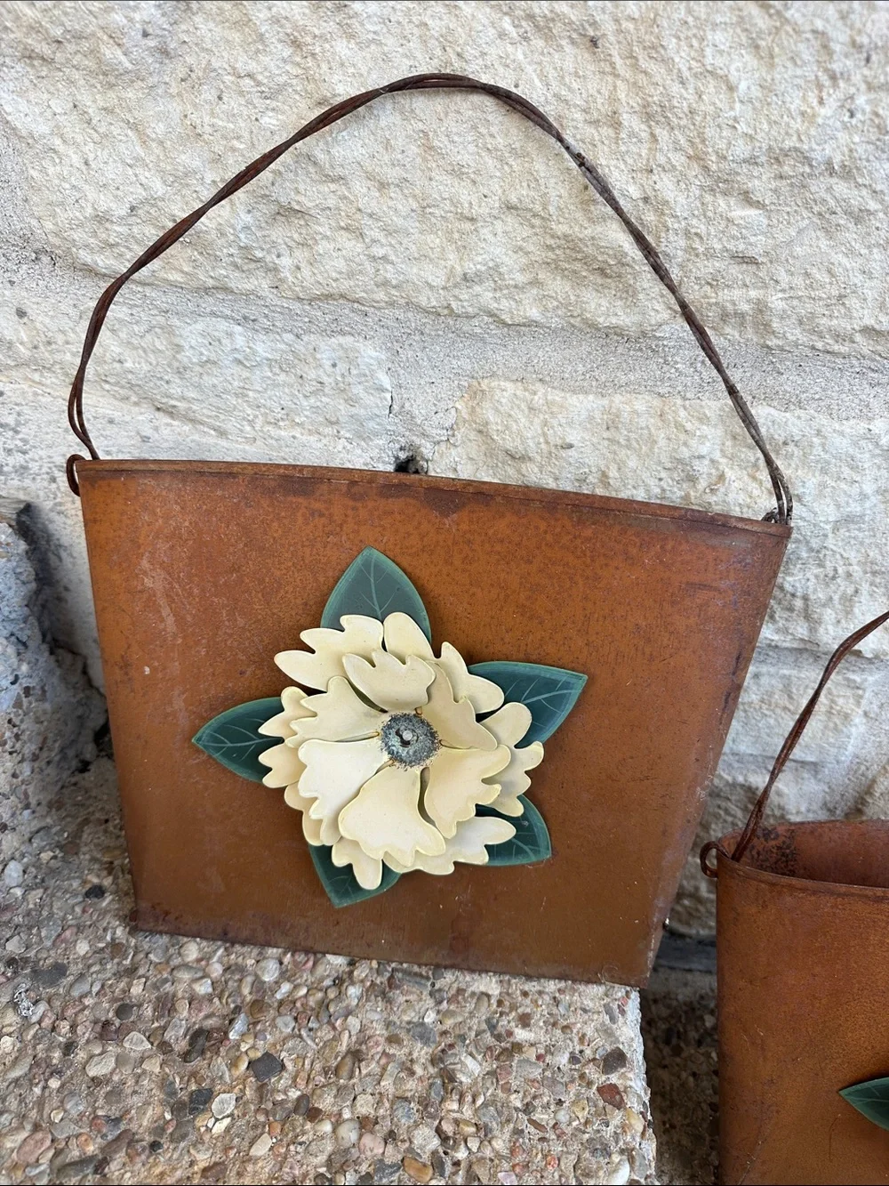 Rust Metal Hanging Planters with Cream Flower Accent